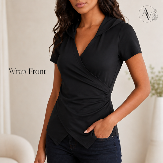 Women’s Hooded Wrap Front Slim Fit Top, Ruched Long Sleeve T-Shirt, Slight Stretch Casual Going Out Blouse for Fall Spring Streetwear