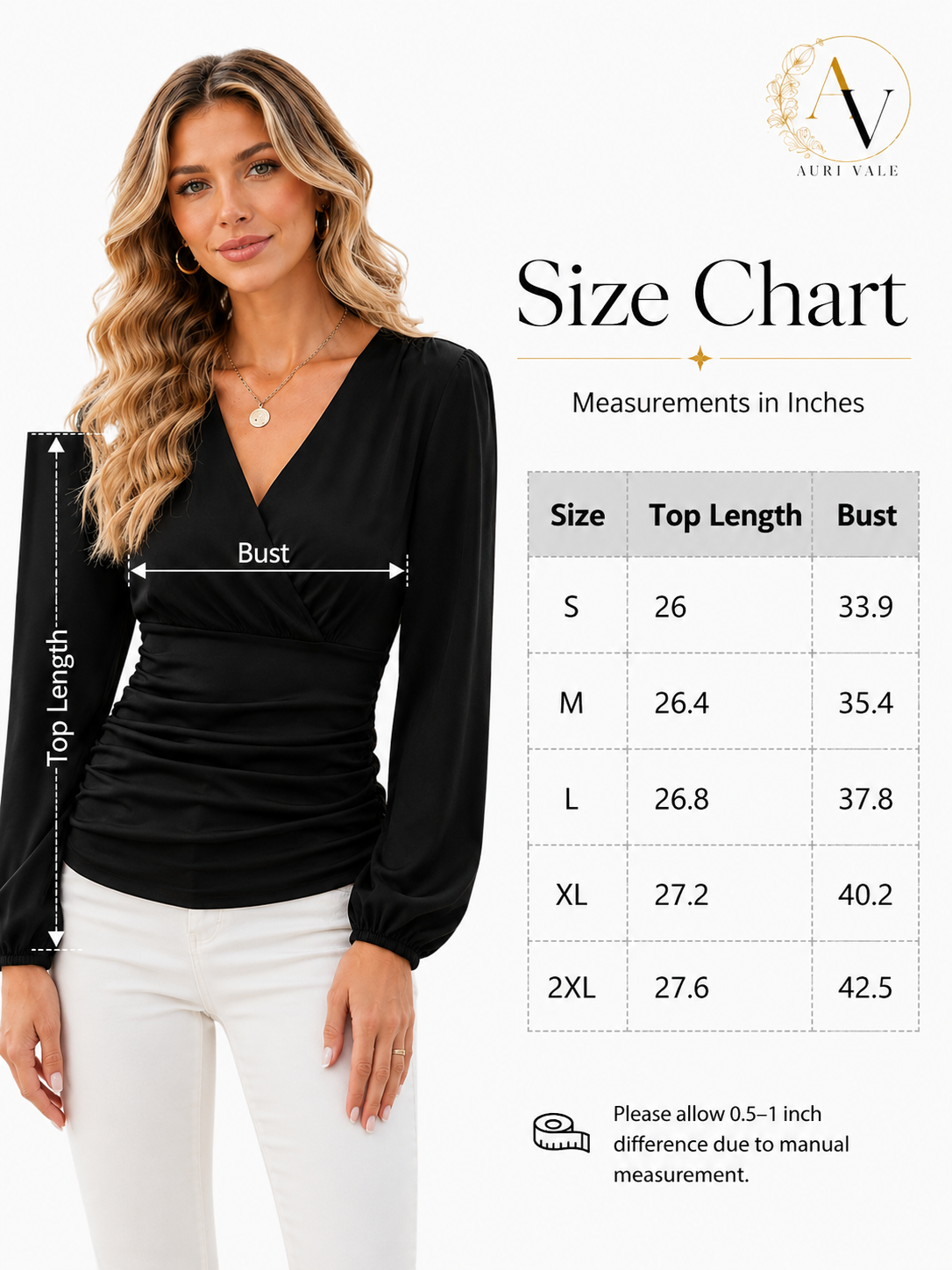 Women’s Long Sleeve Ruched Blouse, V Neck Wrap Front Dressy Casual Top, Puff Sleeve Office Shirt, Black Going Out Top