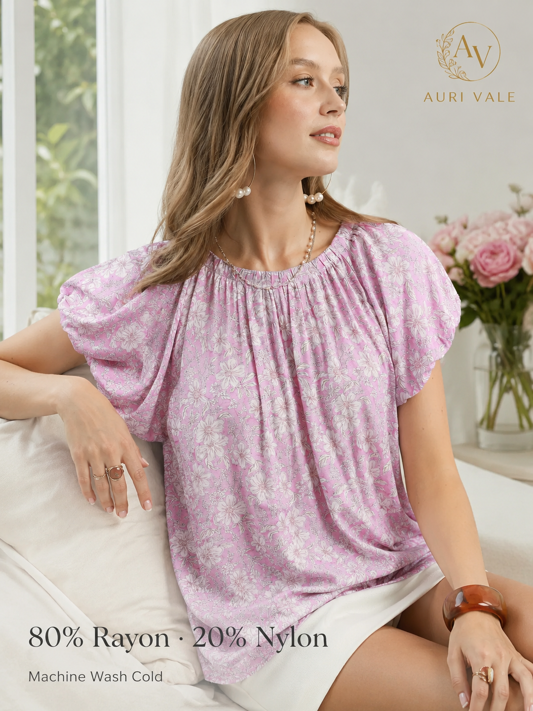 Women’s Pink Floral Puff Sleeve Blouse, Relaxed Fit Round Neck Short Sleeve Flowy Top for Summer, Brunch & Office Casual