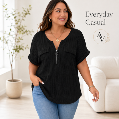 Plus Size Half Zip Ribbed Short Sleeve Top for Women, Casual Loose Fit V Neck Pullover T-Shirt with Pocket Flap, Summer Daily Blouse