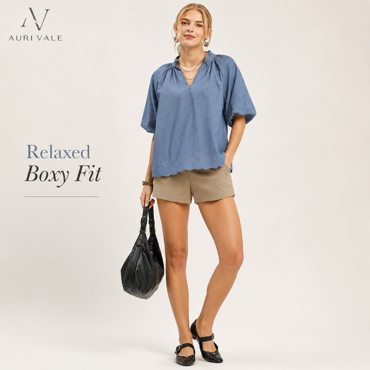 Women’s Chambray Puff Sleeve Top, Scallop Hem Split V-Neck Blouse, Lightweight Cotton Blend Oversized Casual Summer Shirt