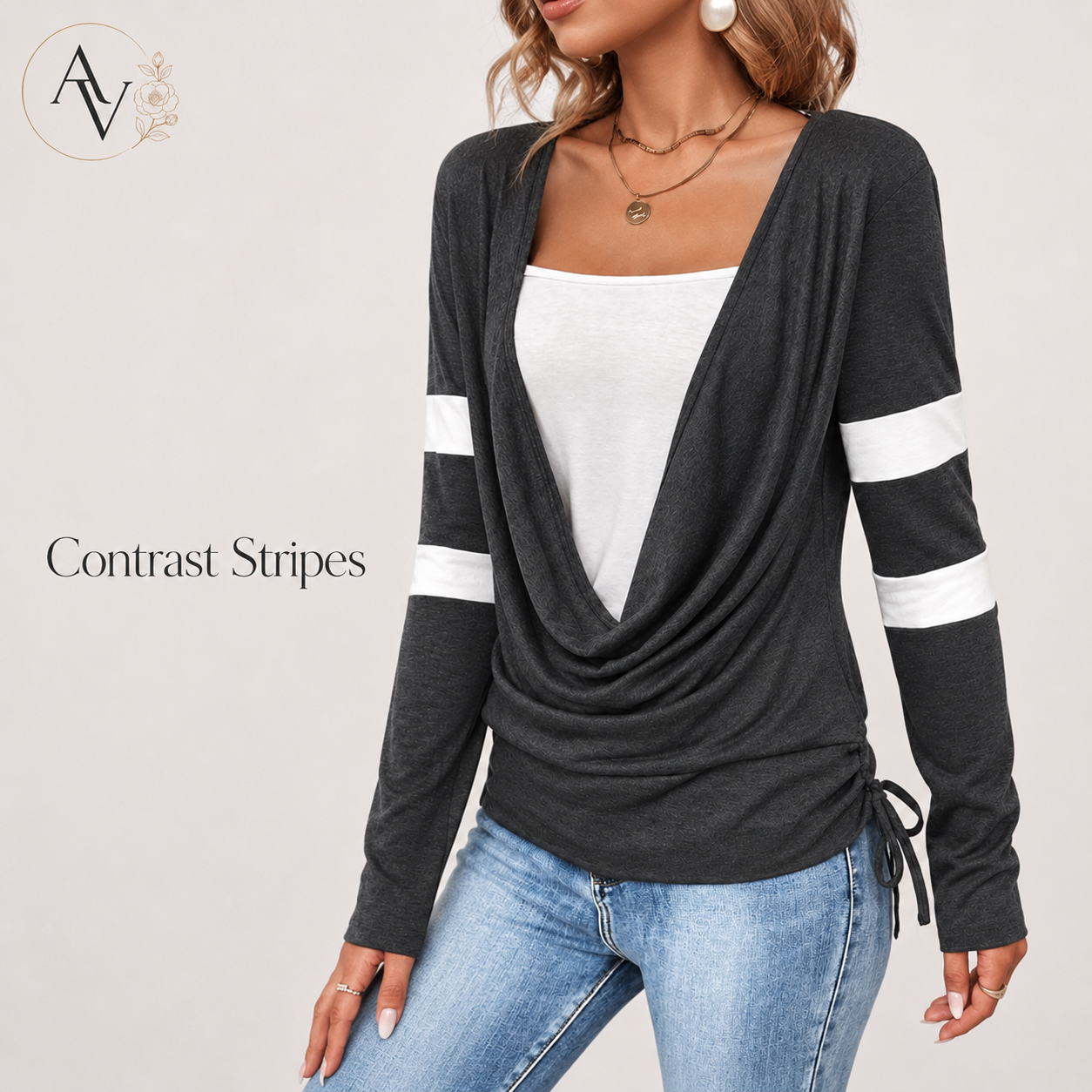 Women’s Cowl Neck Long Sleeve Top, Faux Layered 2 Piece Shirt, Gray Soft Draped Casual Blouse, Fall Winter Tee