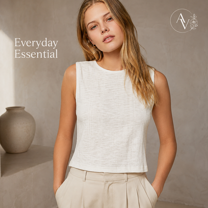 Women’s Textured Knit Cropped Tank Top, Sleeveless Round Neck Slim Fit Cotton Blend Summer Layering Shirt