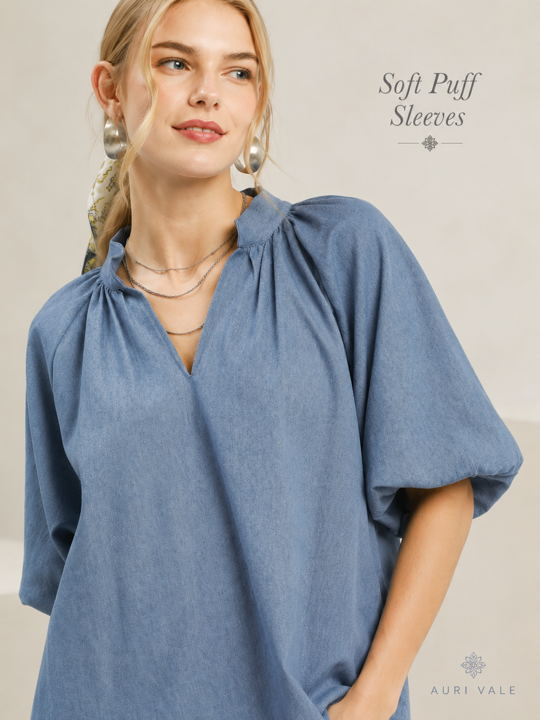 Women’s Chambray Puff Sleeve Top, Scallop Hem Split V-Neck Blouse, Lightweight Cotton Blend Oversized Casual Summer Shirt