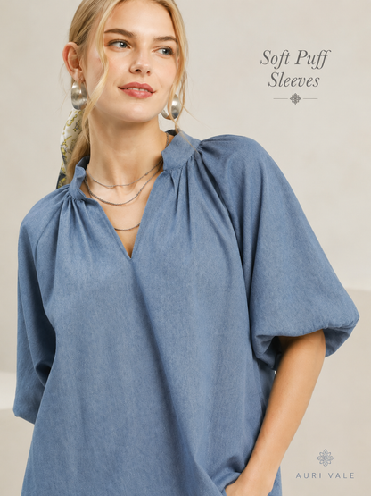 Women’s Chambray Puff Sleeve Top, Scallop Hem Split V-Neck Blouse, Lightweight Cotton Blend Oversized Casual Summer Shirt