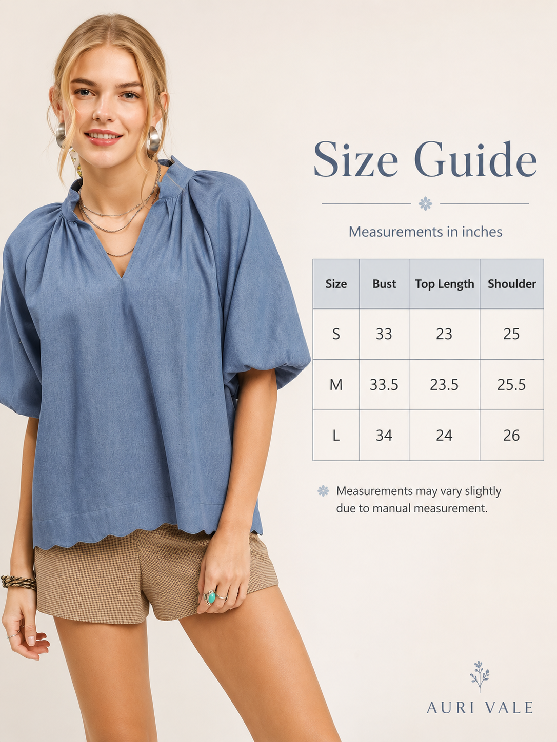 Women’s Chambray Puff Sleeve Top, Scallop Hem Split V-Neck Blouse, Lightweight Cotton Blend Oversized Casual Summer Shirt