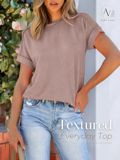 Women’s Textured Short Sleeve Knit Top, Round Neck Exposed Seam Tee, Soft Stretch Loose Fit Casual Summer Shirt for Everyday Outfits