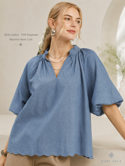 Women’s Chambray Puff Sleeve Top, Scallop Hem Split V-Neck Blouse, Lightweight Cotton Blend Oversized Casual Summer Shirt