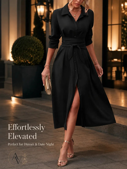 Women’s Belted Button Down Shirt Dress, Collared Long Sleeve Midi Dress, Slim Waist Work Office Casual Dress