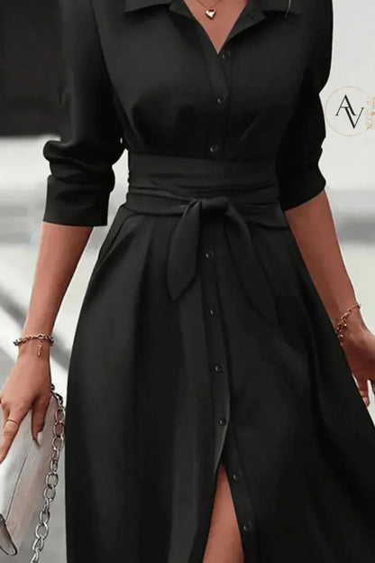 Women’s Belted Button Down Shirt Dress, Collared Long Sleeve Midi Dress, Slim Waist Work Office Casual Dress