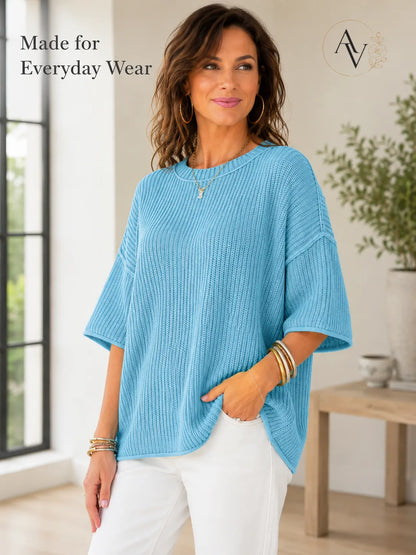 Women’s Casual Short Sleeve Knit Sweater, Lightweight Cotton Blend Ribbed Crew Neck Pullover Top for Spring Summer