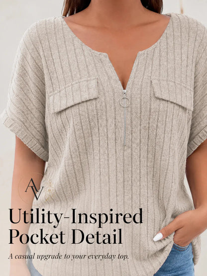 Plus Size Half Zip Ribbed Short Sleeve Top for Women, Casual Loose Fit V Neck Pullover T-Shirt with Pocket Flap, Summer Daily Blouse
