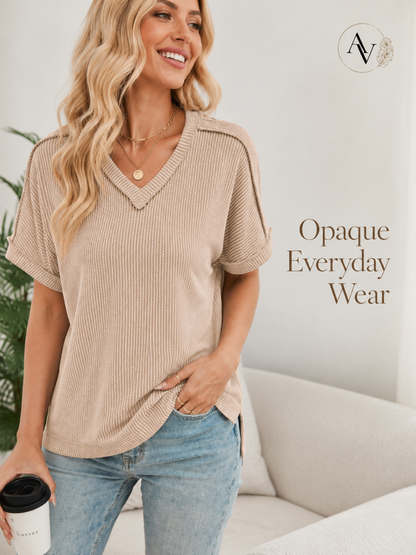 Women’s Corded Rib V-Neck Short Sleeve Top, Soft Stretch Exposed Seam Loose Fit T-Shirt, Casual Summer Tee for Everyday Outfits