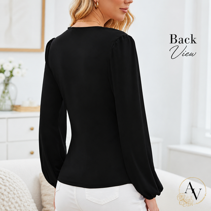 Women’s Long Sleeve Ruched Blouse, V Neck Wrap Front Dressy Casual Top, Puff Sleeve Office Shirt, Black Going Out Top