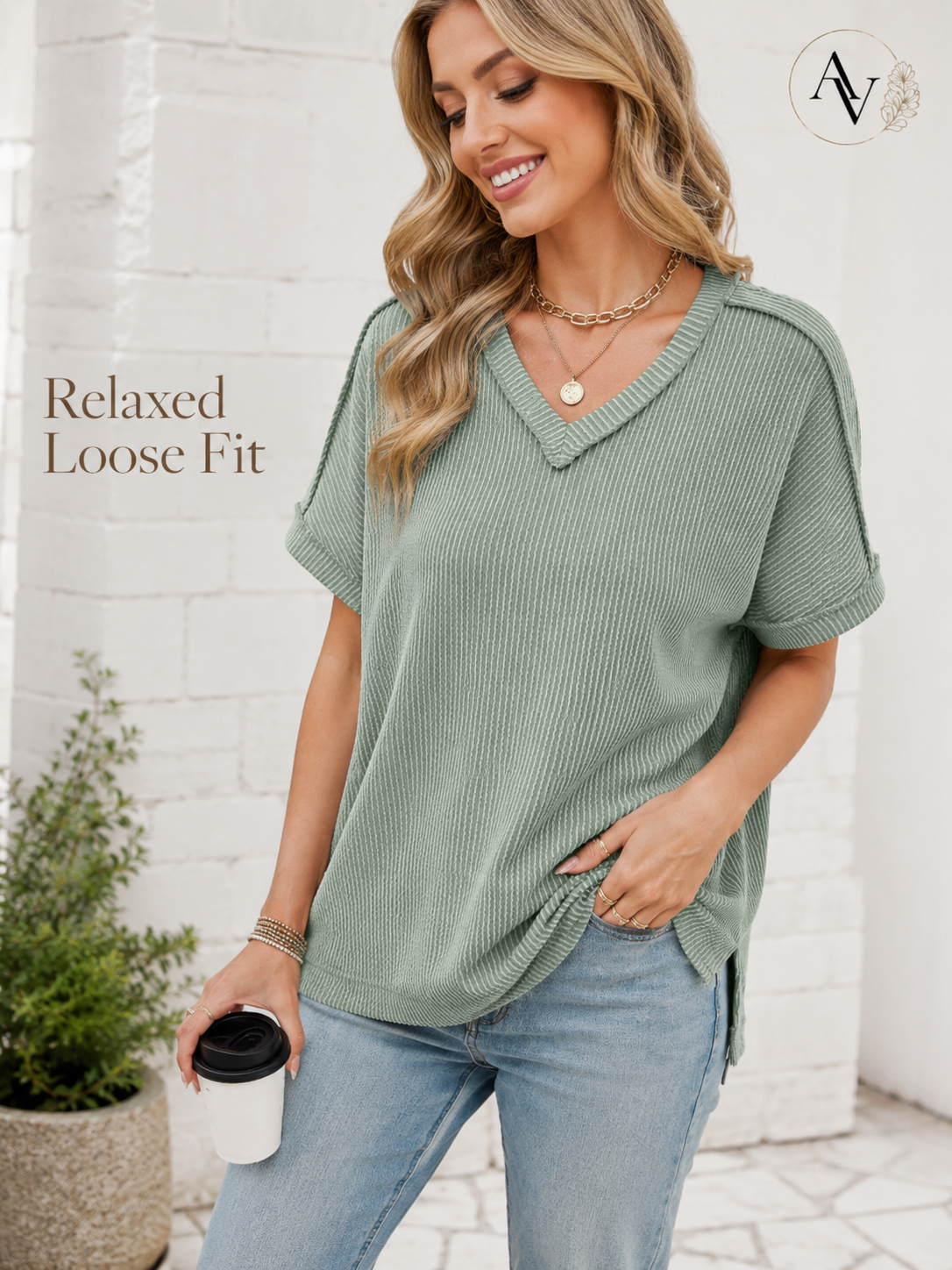 Women’s Corded Rib V-Neck Short Sleeve Top, Soft Stretch Exposed Seam Loose Fit T-Shirt, Casual Summer Tee for Everyday Outfits