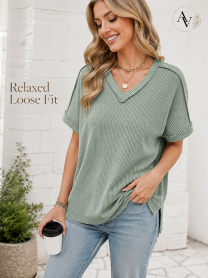 Women’s Corded Rib V-Neck Short Sleeve Top, Soft Stretch Exposed Seam Loose Fit T-Shirt, Casual Summer Tee for Everyday Outfits