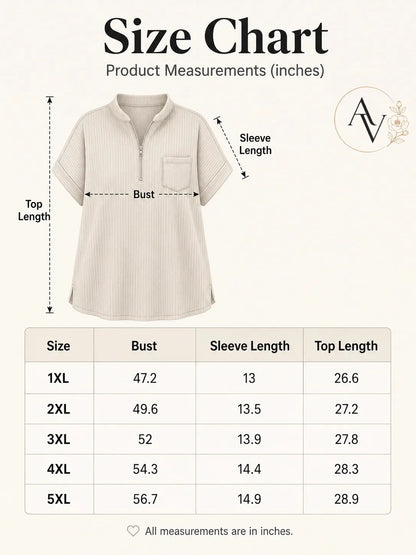 Plus Size Half Zip Ribbed Short Sleeve Top for Women, Casual Loose Fit V Neck Pullover T-Shirt with Pocket Flap, Summer Daily Blouse
