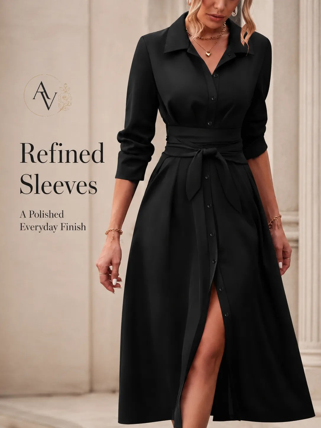 Women’s Belted Button Down Shirt Dress, Collared Long Sleeve Midi Dress, Slim Waist Work Office Casual Dress
