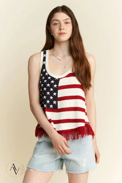 Plus Size American Flag Fringe Tank Top for Women, Patriotic Sleeveless Summer Top, 4th of July USA Stars Stripes Shirt