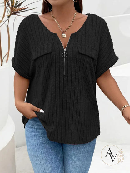 Plus Size Half Zip Ribbed Short Sleeve Top for Women, Casual Loose Fit V Neck Pullover T-Shirt with Pocket Flap, Summer Daily Blouse