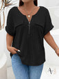 Plus Size Half Zip Ribbed Short Sleeve Top for Women, Casual Loose Fit V Neck Pullover T-Shirt with Pocket Flap, Summer Daily Blouse