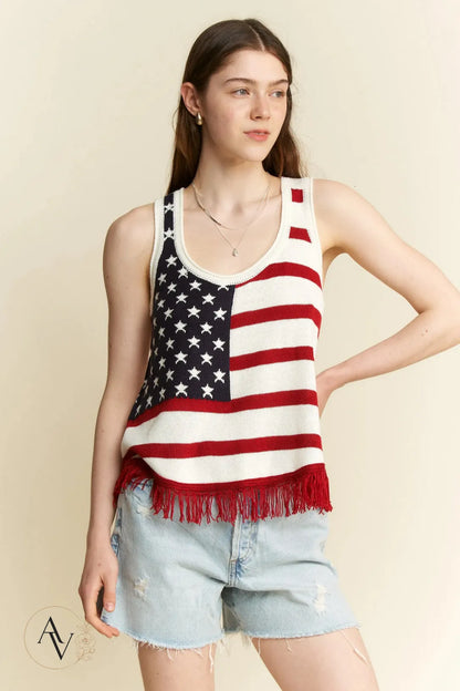 Plus Size American Flag Fringe Tank Top for Women, Patriotic Sleeveless Summer Top, 4th of July USA Stars Stripes Shirt