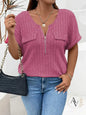Plus Size Half Zip Ribbed Short Sleeve Top for Women, Casual Loose Fit V Neck Pullover T-Shirt with Pocket Flap, Summer Daily Blouse