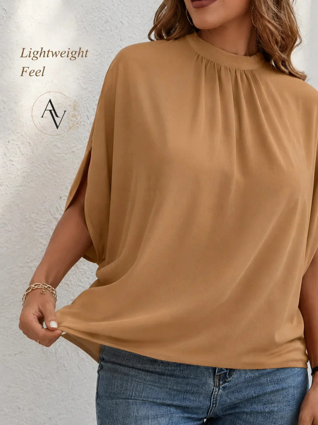 Women’s Mock Neck Tie Back Blouse, Split Batwing Half Sleeve Loose Fit Top, Dressy Casual Work Shirt for Office & Weekend