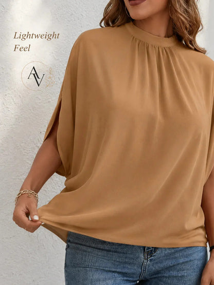 Women’s Mock Neck Tie Back Blouse, Split Batwing Half Sleeve Loose Fit Top, Dressy Casual Work Shirt for Office & Weekend