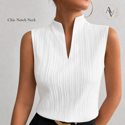 Women’s Ribbed Knit Notch Neck Sleeveless Top, Slim Fit Stretch Tank, Dressy Casual Office Blouse