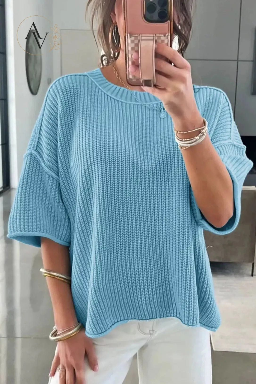 Women’s Casual Short Sleeve Knit Sweater, Lightweight Cotton Blend Ribbed Crew Neck Pullover Top for Spring Summer