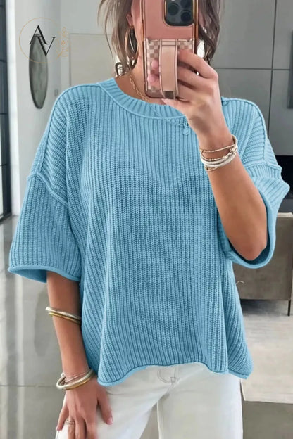 Women’s Casual Short Sleeve Knit Sweater, Lightweight Cotton Blend Ribbed Crew Neck Pullover Top for Spring Summer