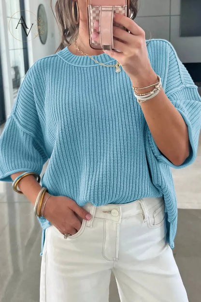 Women’s Casual Short Sleeve Knit Sweater, Lightweight Cotton Blend Ribbed Crew Neck Pullover Top for Spring Summer