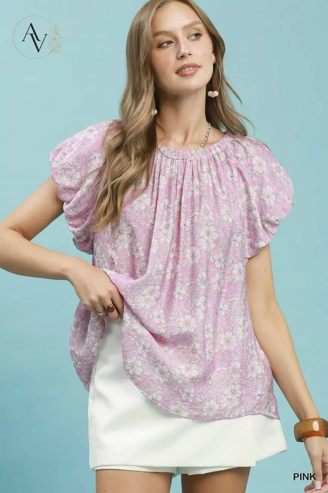 Women’s Pink Floral Puff Sleeve Blouse, Relaxed Fit Round Neck Short Sleeve Flowy Top for Summer, Brunch & Office Casual