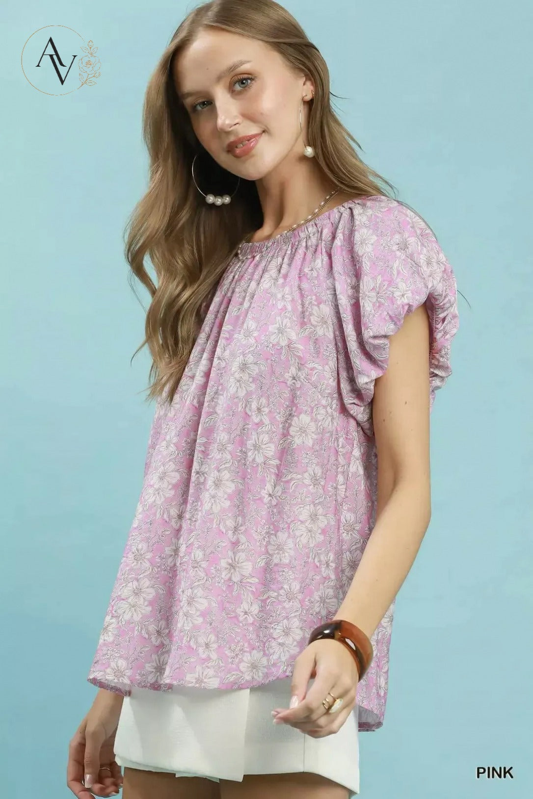 Women’s Pink Floral Puff Sleeve Blouse, Relaxed Fit Round Neck Short Sleeve Flowy Top for Summer, Brunch & Office Casual