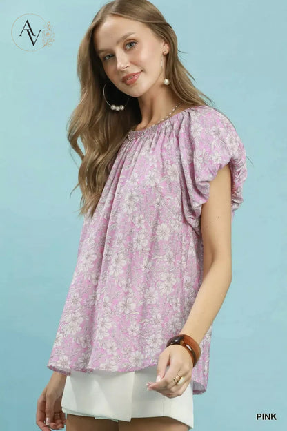 Women’s Pink Floral Puff Sleeve Blouse, Relaxed Fit Round Neck Short Sleeve Flowy Top for Summer, Brunch & Office Casual