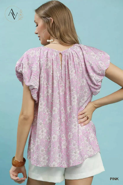 Women’s Pink Floral Puff Sleeve Blouse, Relaxed Fit Round Neck Short Sleeve Flowy Top for Summer, Brunch & Office Casual