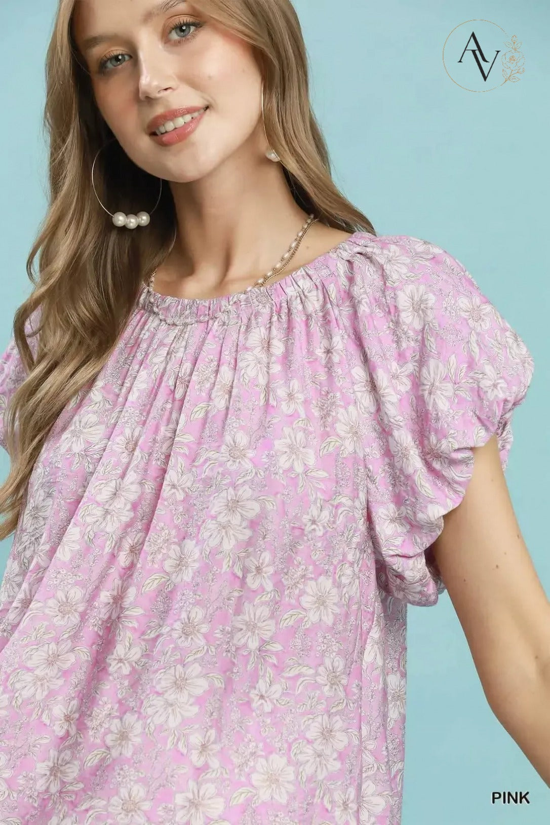 Women’s Pink Floral Puff Sleeve Blouse, Relaxed Fit Round Neck Short Sleeve Flowy Top for Summer, Brunch & Office Casual