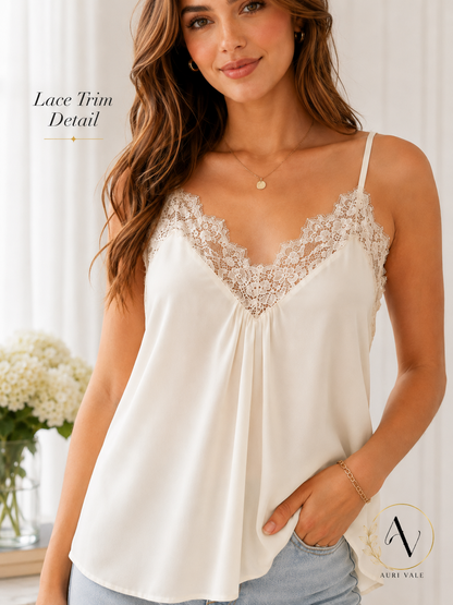 Women’s Lace Trim Flowy Cami Top, Sleeveless Summer Tank, Dressy Casual Going Out Blouse, Lightweight Layering Top
