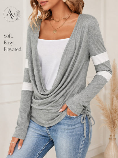 Women’s Cowl Neck Long Sleeve Top, Faux Layered 2 Piece Shirt, Gray Soft Draped Casual Blouse, Fall Winter Tee