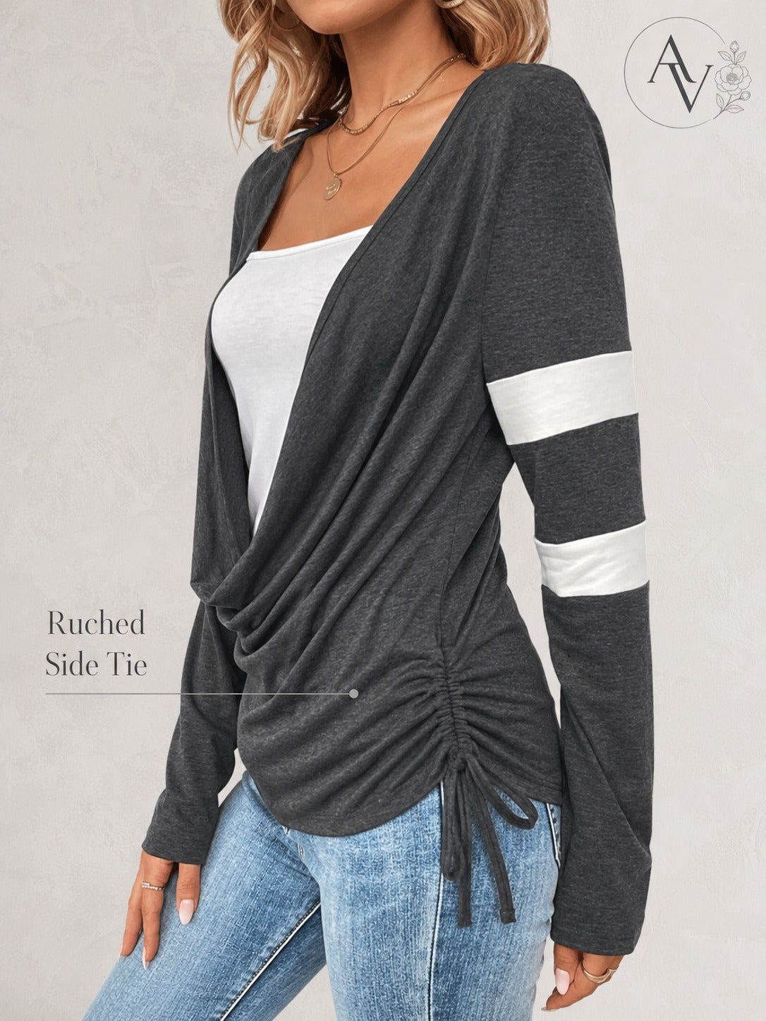 Women’s Cowl Neck Long Sleeve Top, Faux Layered 2 Piece Shirt, Gray Soft Draped Casual Blouse, Fall Winter Tee