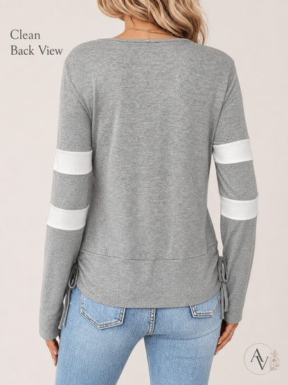 Women’s Cowl Neck Long Sleeve Top, Faux Layered 2 Piece Shirt, Gray Soft Draped Casual Blouse, Fall Winter Tee