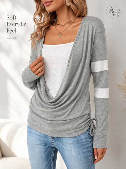 Women’s Cowl Neck Long Sleeve Top, Faux Layered 2 Piece Shirt, Gray Soft Draped Casual Blouse, Fall Winter Tee