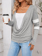 Women’s Cowl Neck Long Sleeve Top, Faux Layered 2 Piece Shirt, Gray Soft Draped Casual Blouse, Fall Winter Tee