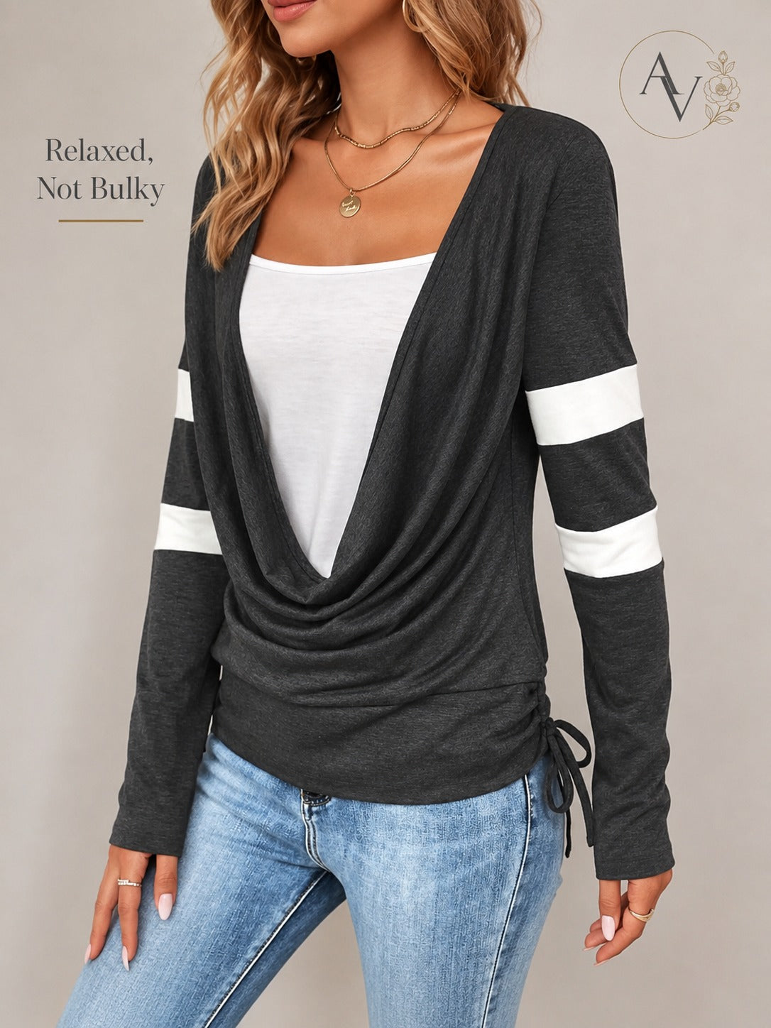 Women’s Cowl Neck Long Sleeve Top, Faux Layered 2 Piece Shirt, Gray Soft Draped Casual Blouse, Fall Winter Tee