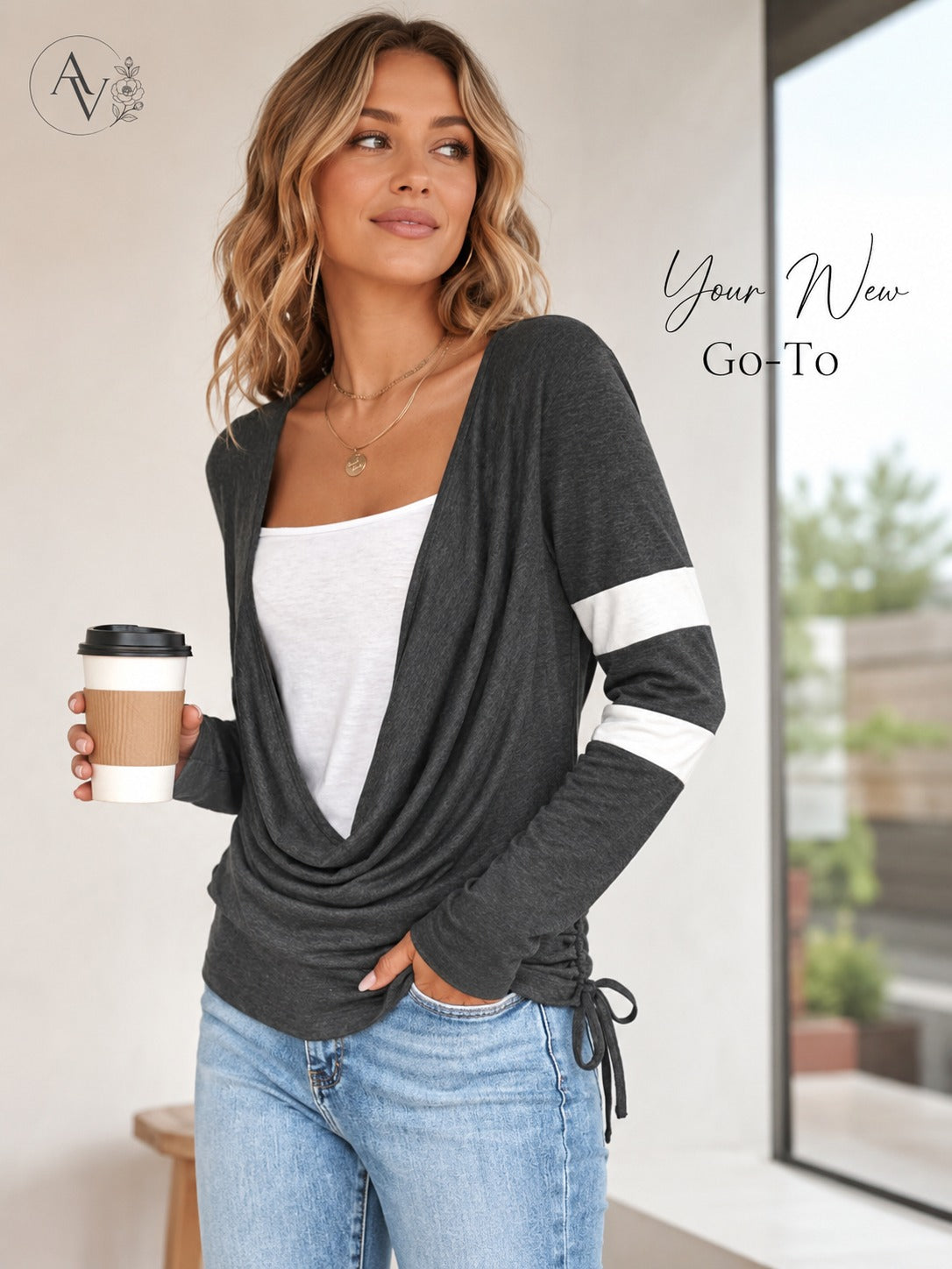 Women’s Cowl Neck Long Sleeve Top, Faux Layered 2 Piece Shirt, Gray Soft Draped Casual Blouse, Fall Winter Tee