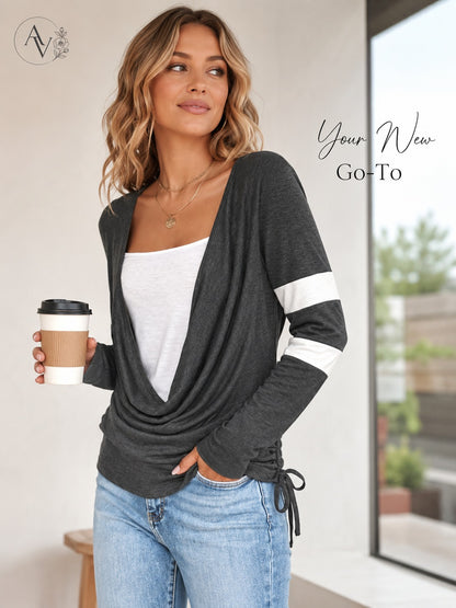 Women’s Cowl Neck Long Sleeve Top, Faux Layered 2 Piece Shirt, Gray Soft Draped Casual Blouse, Fall Winter Tee