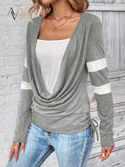 Women’s Cowl Neck Long Sleeve Top, Faux Layered 2 Piece Shirt, Gray Soft Draped Casual Blouse, Fall Winter Tee
