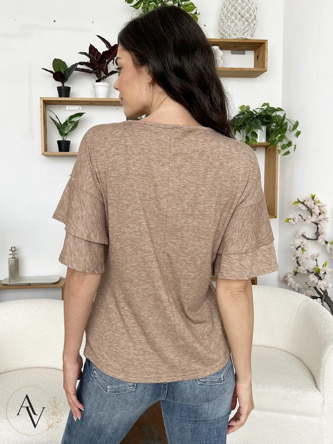 Women's V Neck Ruffle Sleeve Top, Loose Fit Half Sleeve Blouse, Soft Casual T-Shirt for Summer Daily Wear