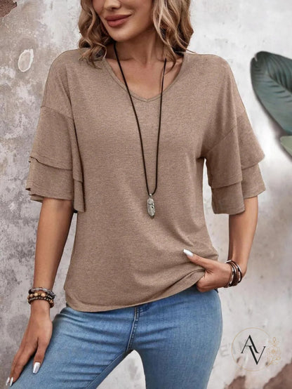 Women's V Neck Ruffle Sleeve Top, Loose Fit Half Sleeve Blouse, Soft Casual T-Shirt for Summer Daily Wear
